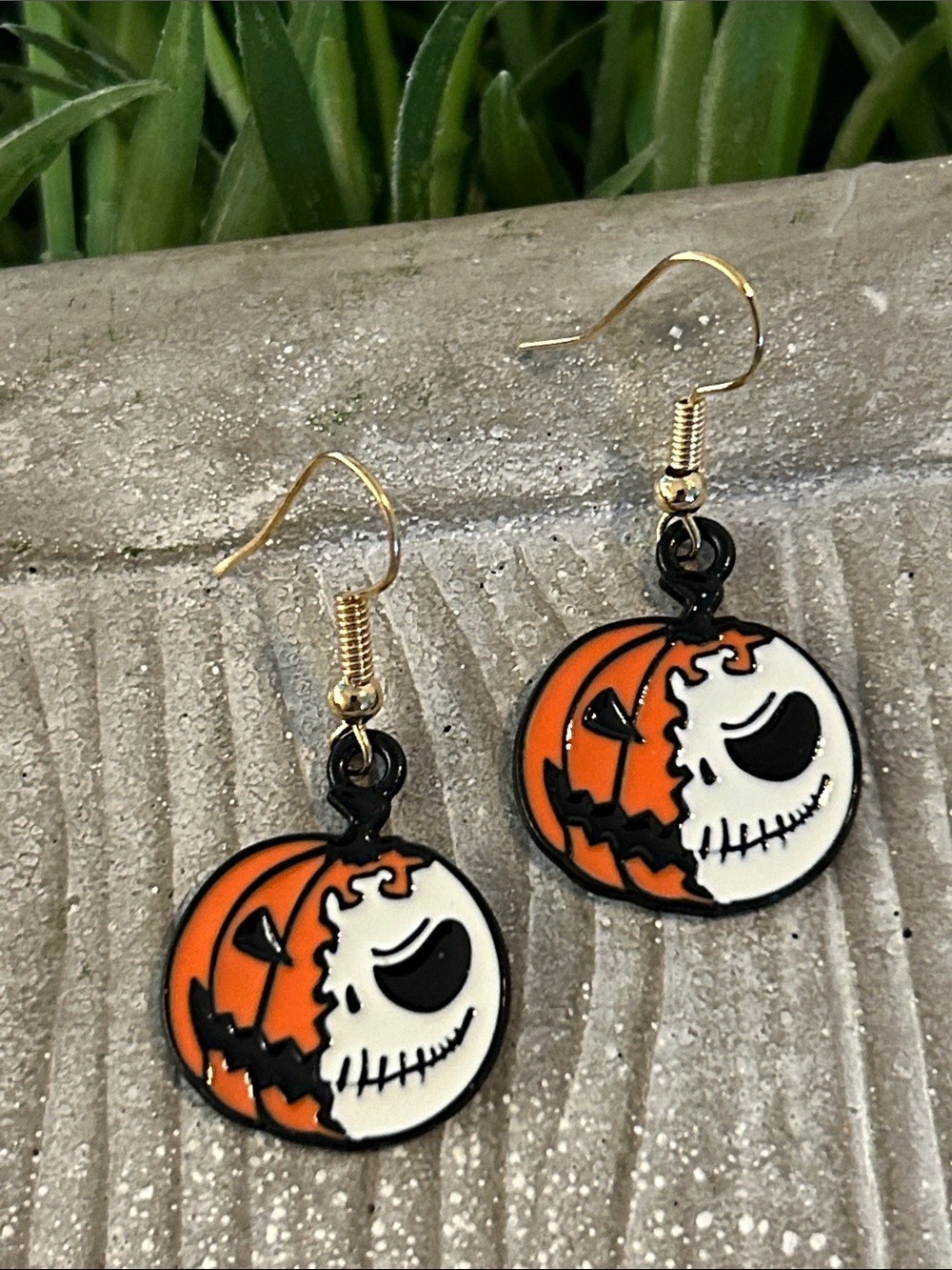Halloween Pumpkin Skull Dangle Earrings - Orange & White